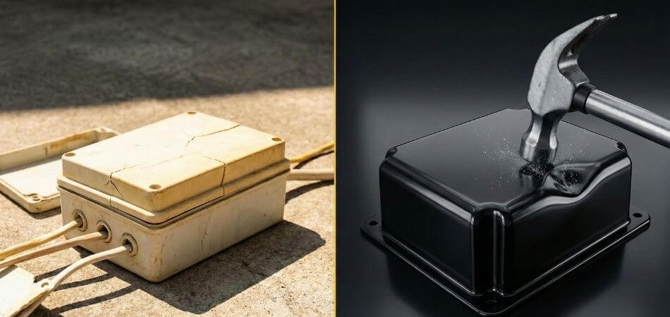 Side-by-side comparison of a cracked, UV-damaged plastic housing versus a durable, impact-resistant enclosure manufactured