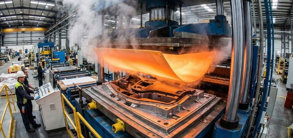 A heavy-duty industrial vacuum forming machine heating a plastic sheet for custom molding