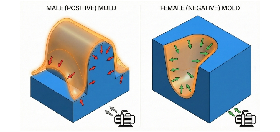 Diagram showing plastic shrinkage directions on male versus female vacuum forming molds.