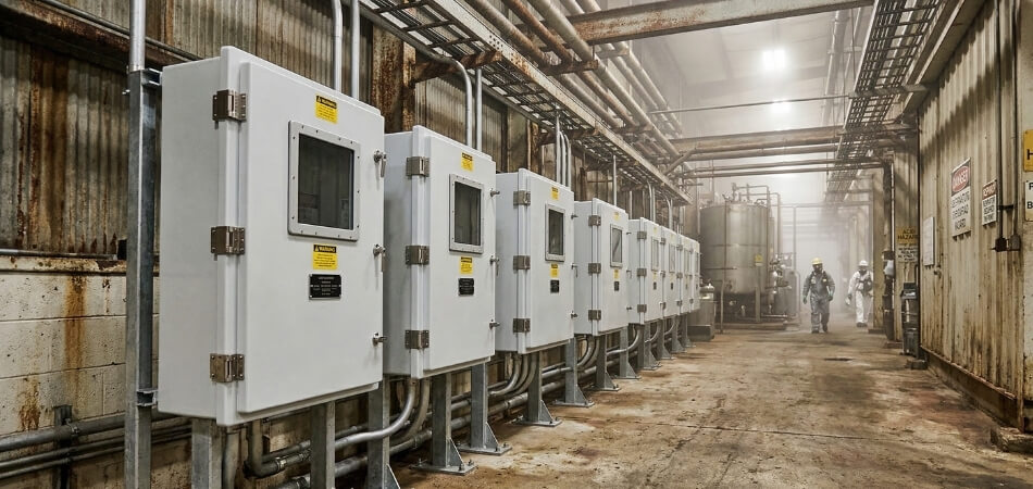 fiberglass industrial enclosures durability Durable fiberglass industrial enclosures resistant to chemical corrosion.