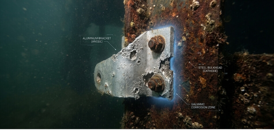 underwater galvanic reaction fiberglass vs aluminum corrosion