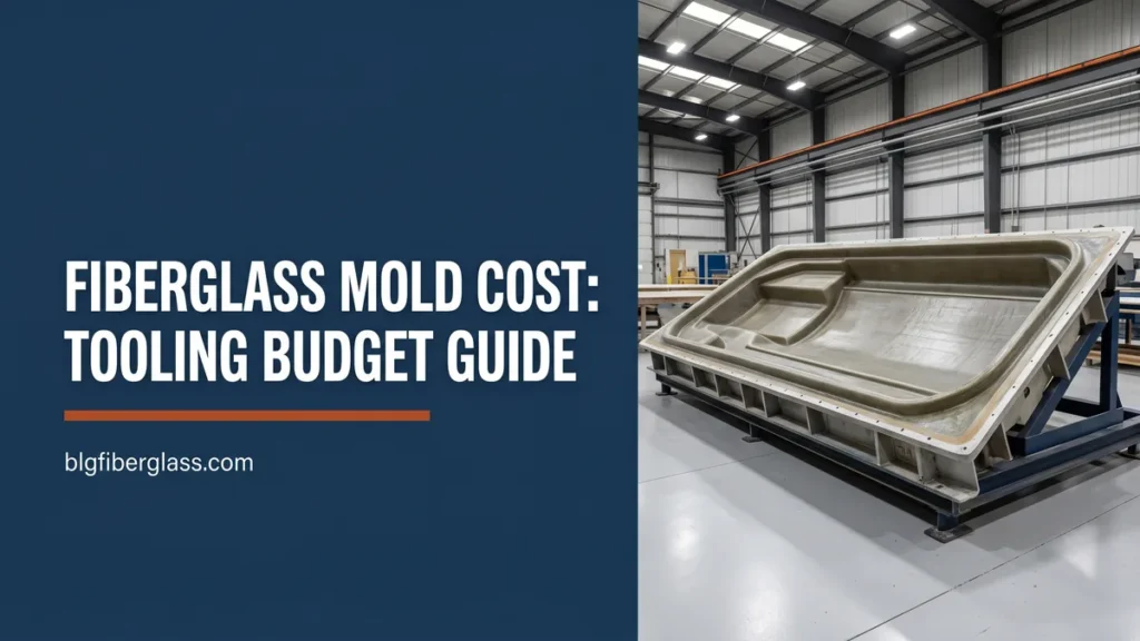 Fiberglass mold cost guide banner showing industrial tooling in manufacturing facility