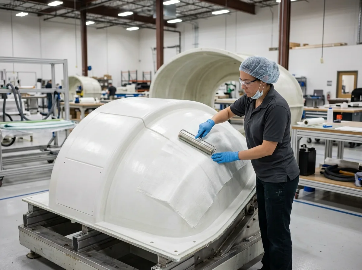Technician manufacturing fiberglass medical equipment housing in Toronto facility