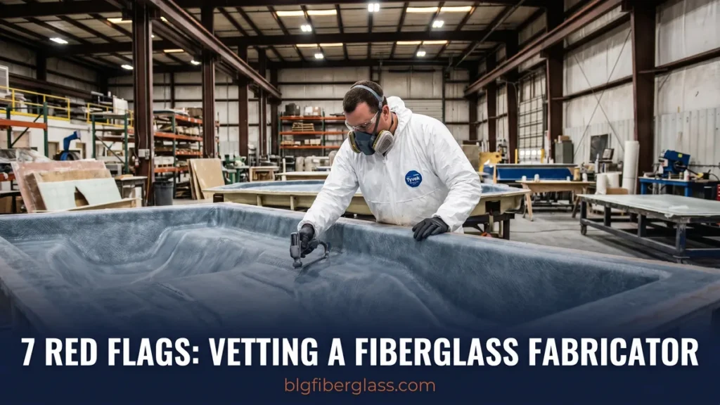 Custom fiberglass fabrication quality inspector reviewing mold surface in industrial facility