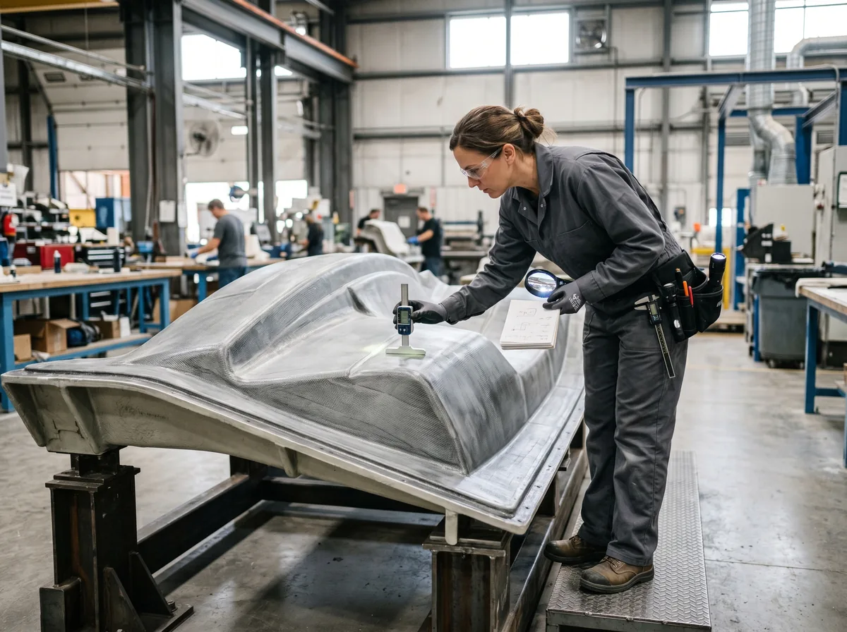 Custom fiberglass fabrication quality inspection in industrial facility