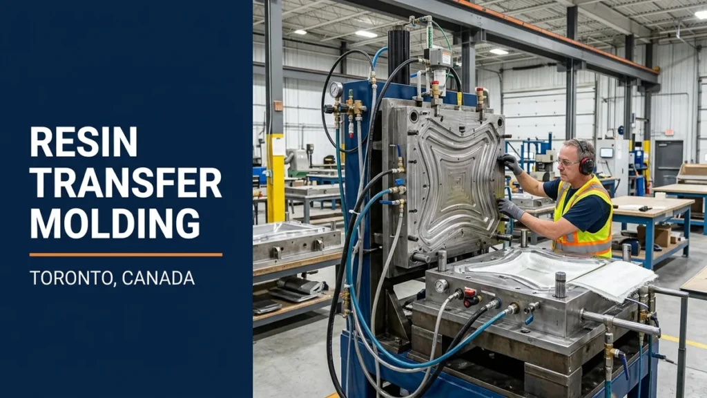 Resin transfer molding process equipment in a Toronto fiberglass manufacturing facility