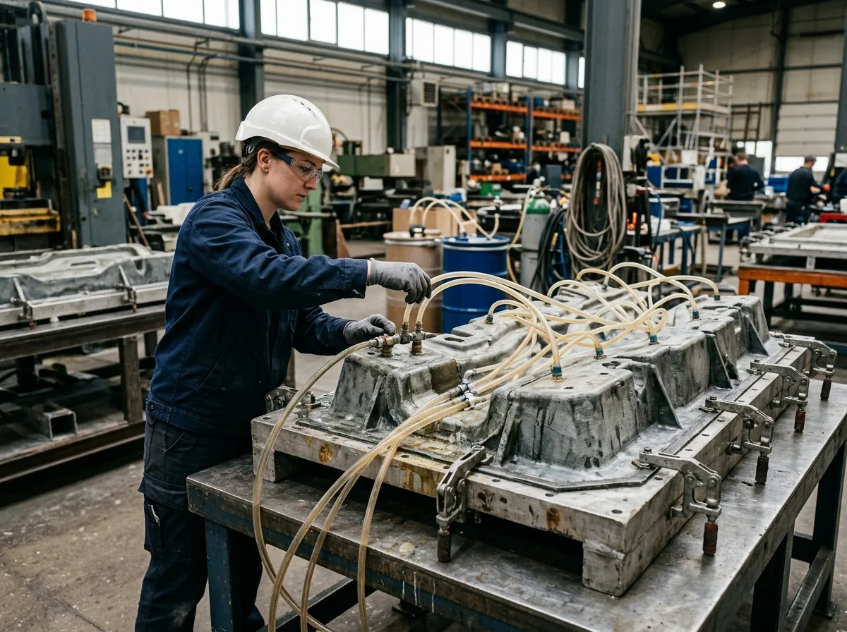 RTM mold and resin injection process in a Toronto composite manufacturing facility