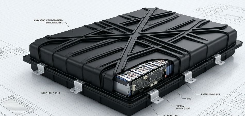 Lightweight EV battery enclosures manufactured from durable thermoformed plastic.