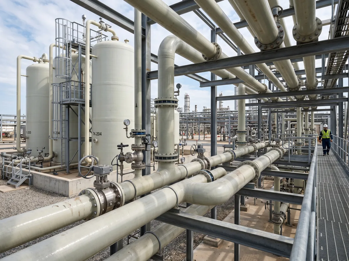 Fiberglass FRP piping and tanks installed at an industrial oil and gas processing facility