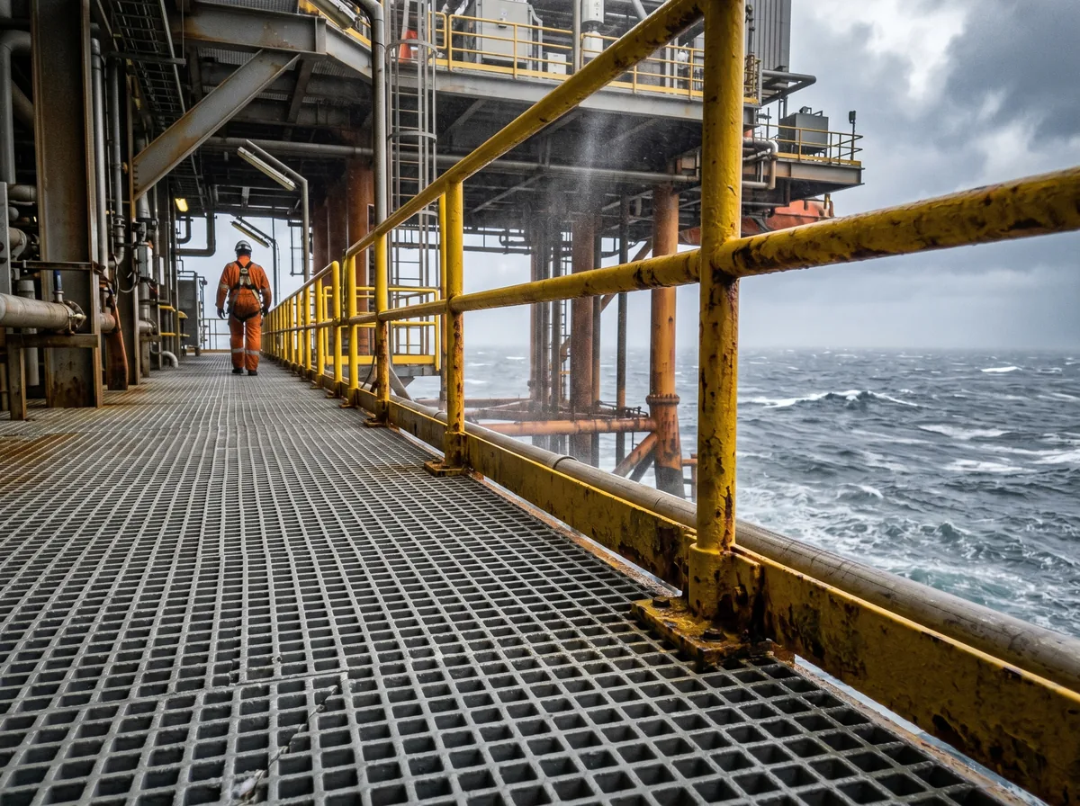 FRP grating and handrail on an offshore platform walkway exposed to salt spray