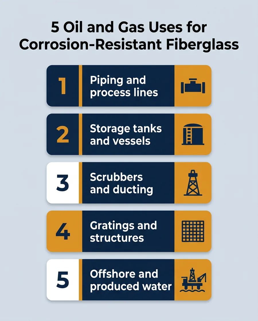 Infographic summarizing five oil and gas applications for corrosion-resistant fiberglass FRP
