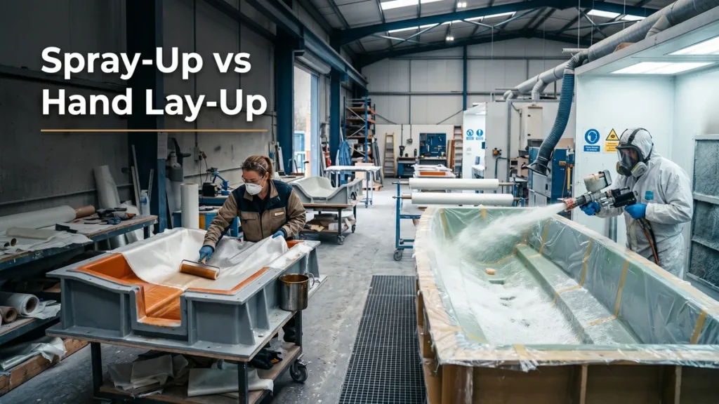 Spray-up vs hand lay-up, a split scene of a fiberglass shop hand-laying fabric and spraying chopped glass