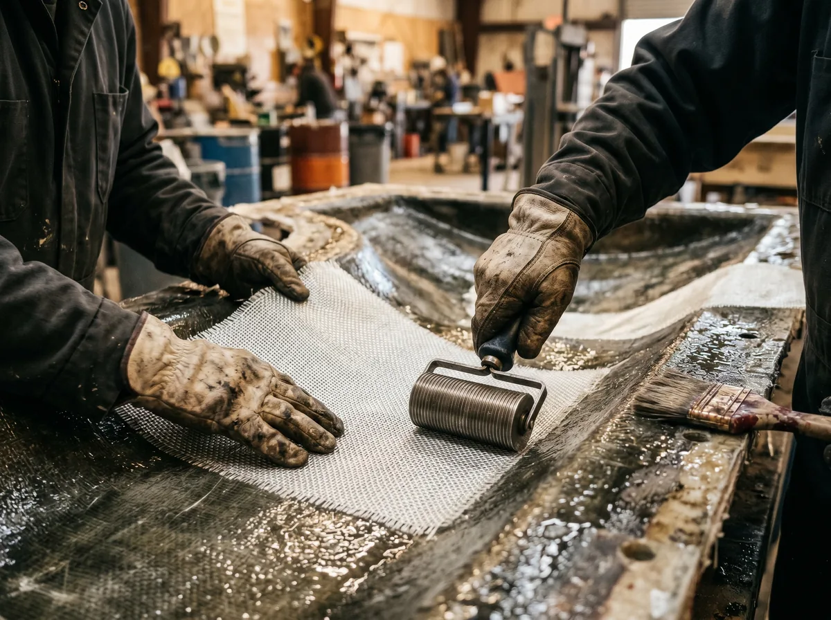 Laminator wetting out woven roving by hand in an open fiberglass mold