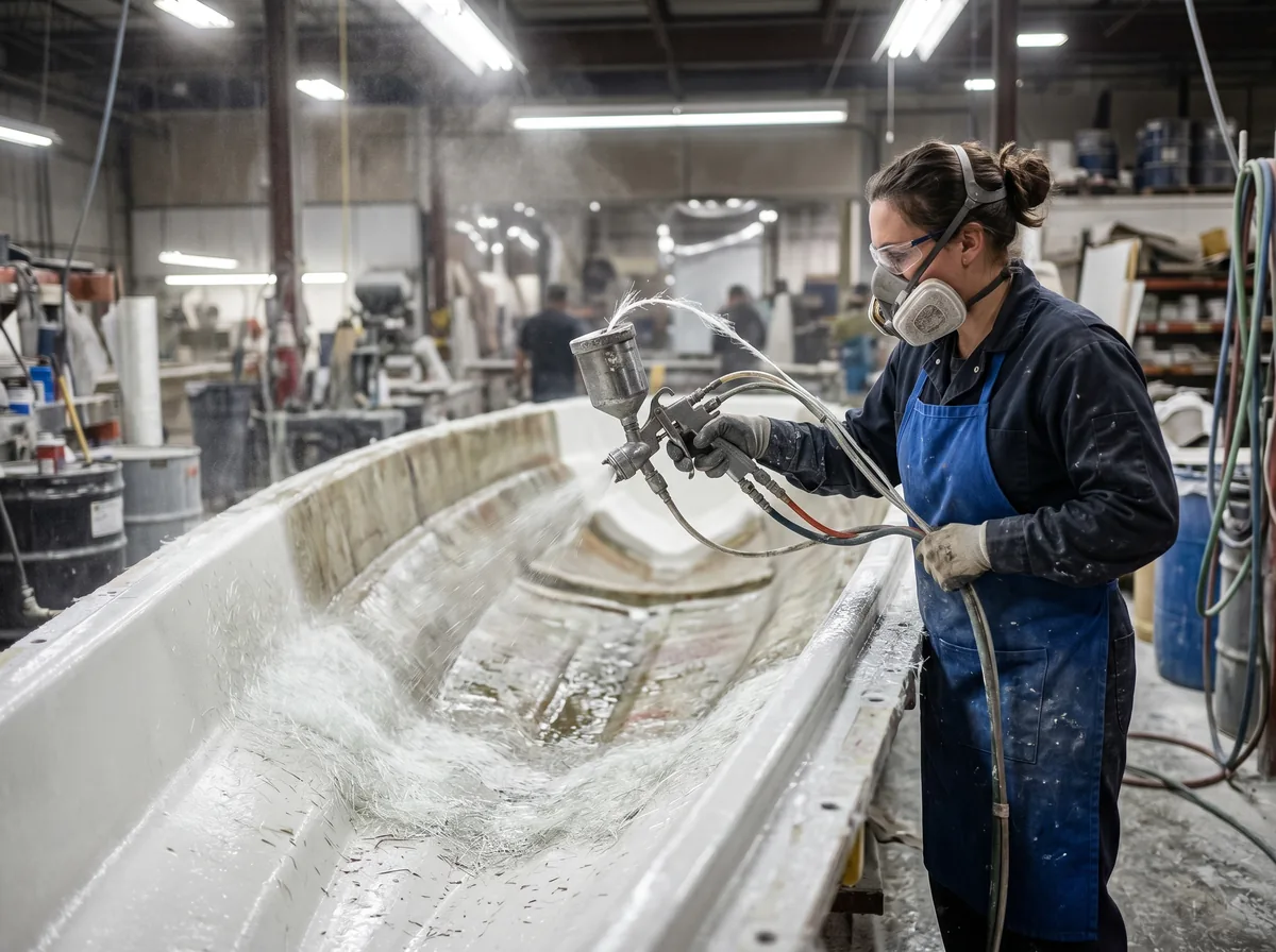 Operator using a chopper gun to spray chopped glass and resin into a large open mold