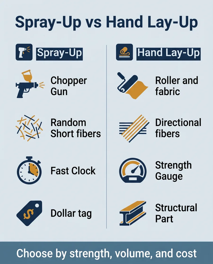 Infographic comparing spray-up and hand lay-up fiberglass processes across strength, speed, and best use
