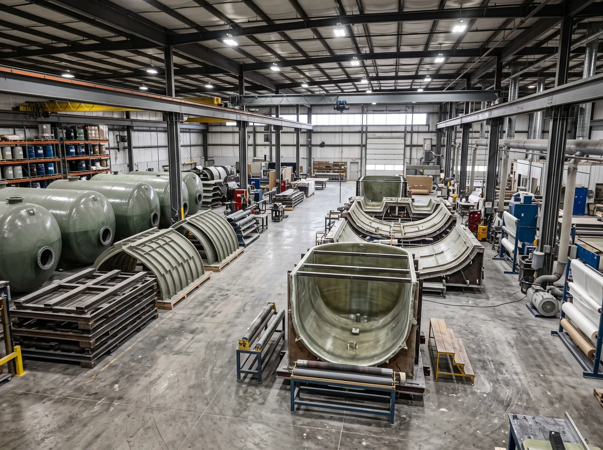 A composites shop floor with large fiberglass molds and finished FRP parts staged for inspection