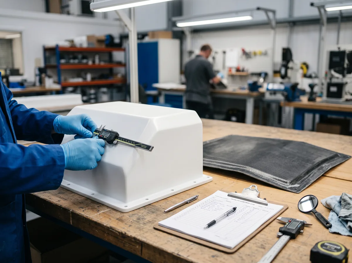 A finished white fiberglass housing and composite panel under inspection at a manufacturer