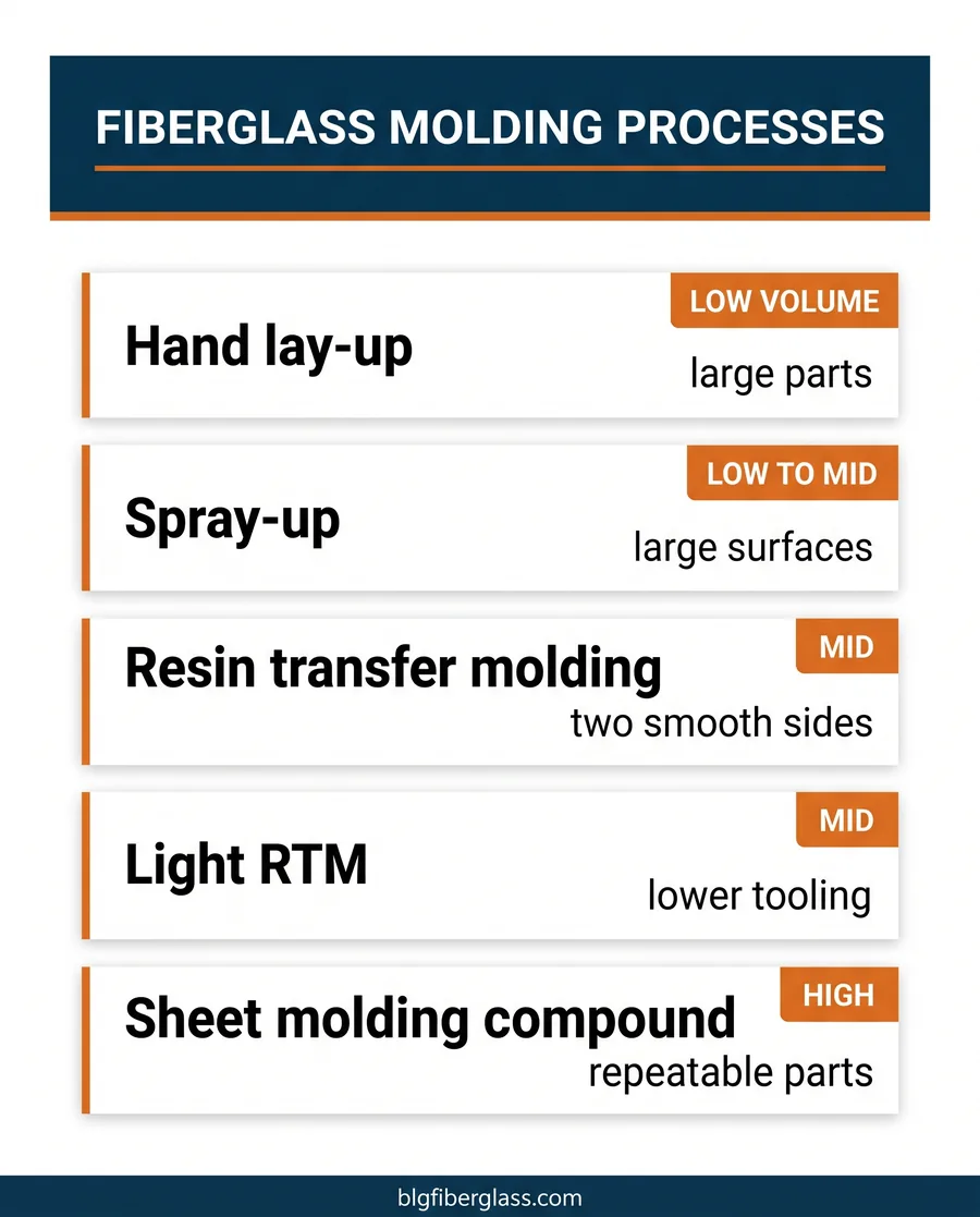 Card infographic of fiberglass molding processes by volume that a commercial fiberglass company offers