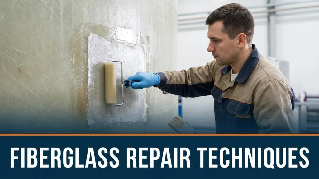 Laminating a fresh patch over a tapered repair on an industrial FRP tank, illustrating fiberglass repair techniques