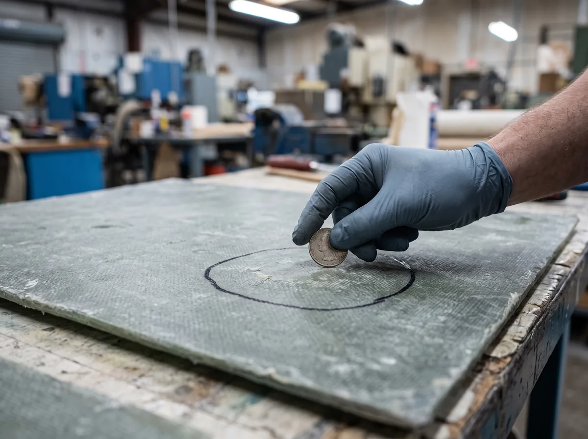 Tap testing a fiberglass panel to map delamination before a repair
