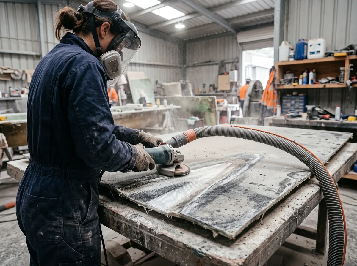 Grinding a tapered scarf into damaged fiberglass laminate to prep a structural repair