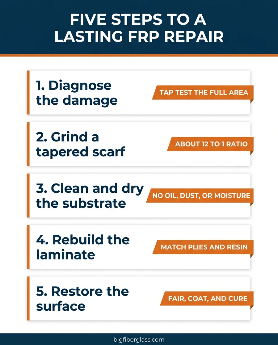 Five-step guide to a lasting FRP repair: diagnose, scarf, clean, laminate, and finish