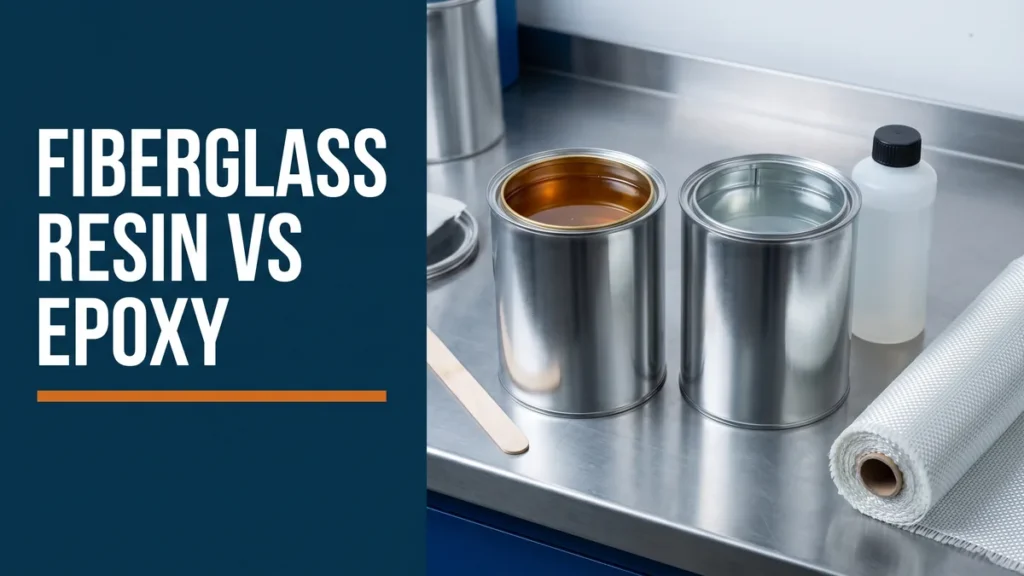 Amber polyester resin and clear epoxy containers side by side, illustrating fiberglass resin vs epoxy