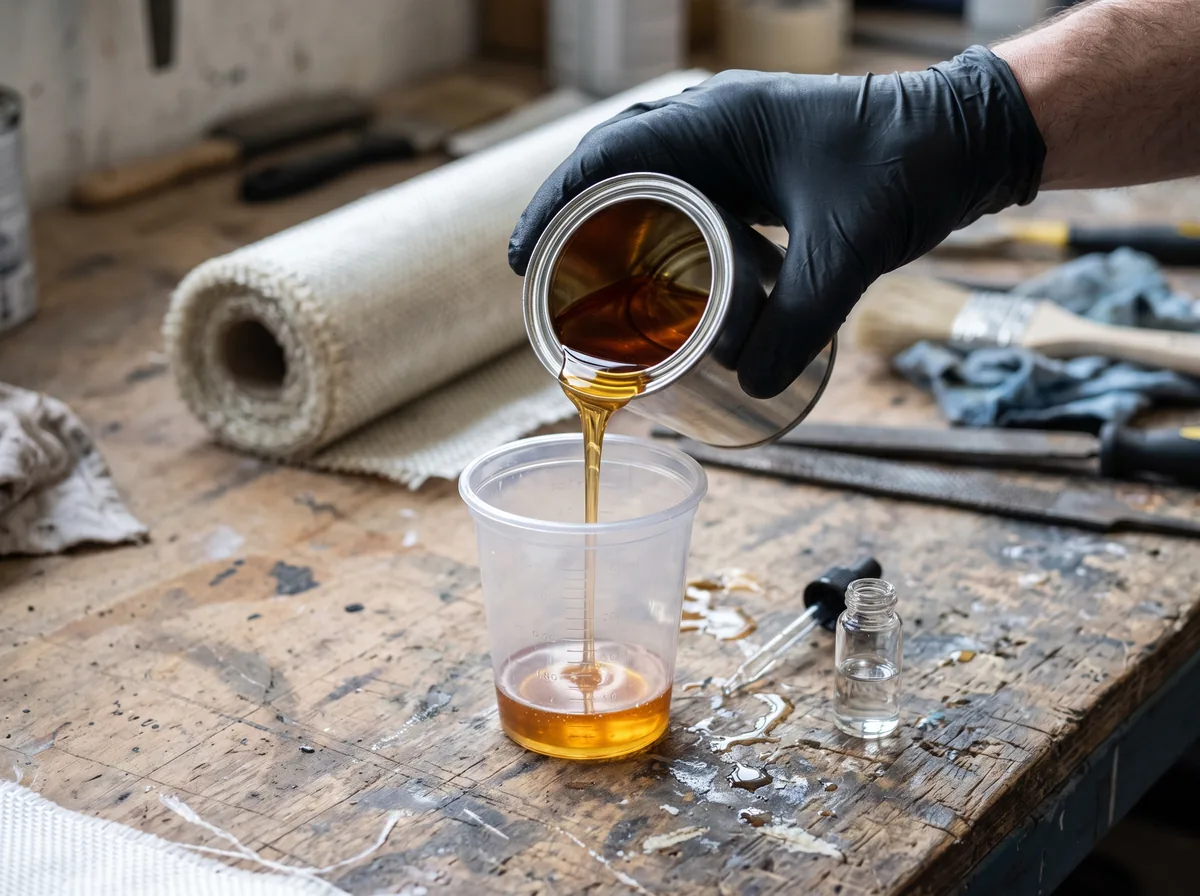 Pouring amber polyester fiberglass resin into a mixing cup, the standard laminating resin