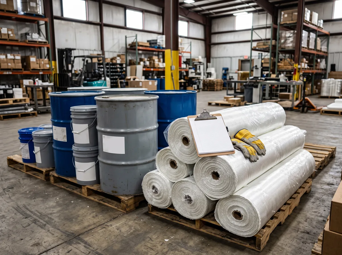 Labeled resin drums beside rolls of fiberglass reinforcement in a supply warehouse ready for sourcing
