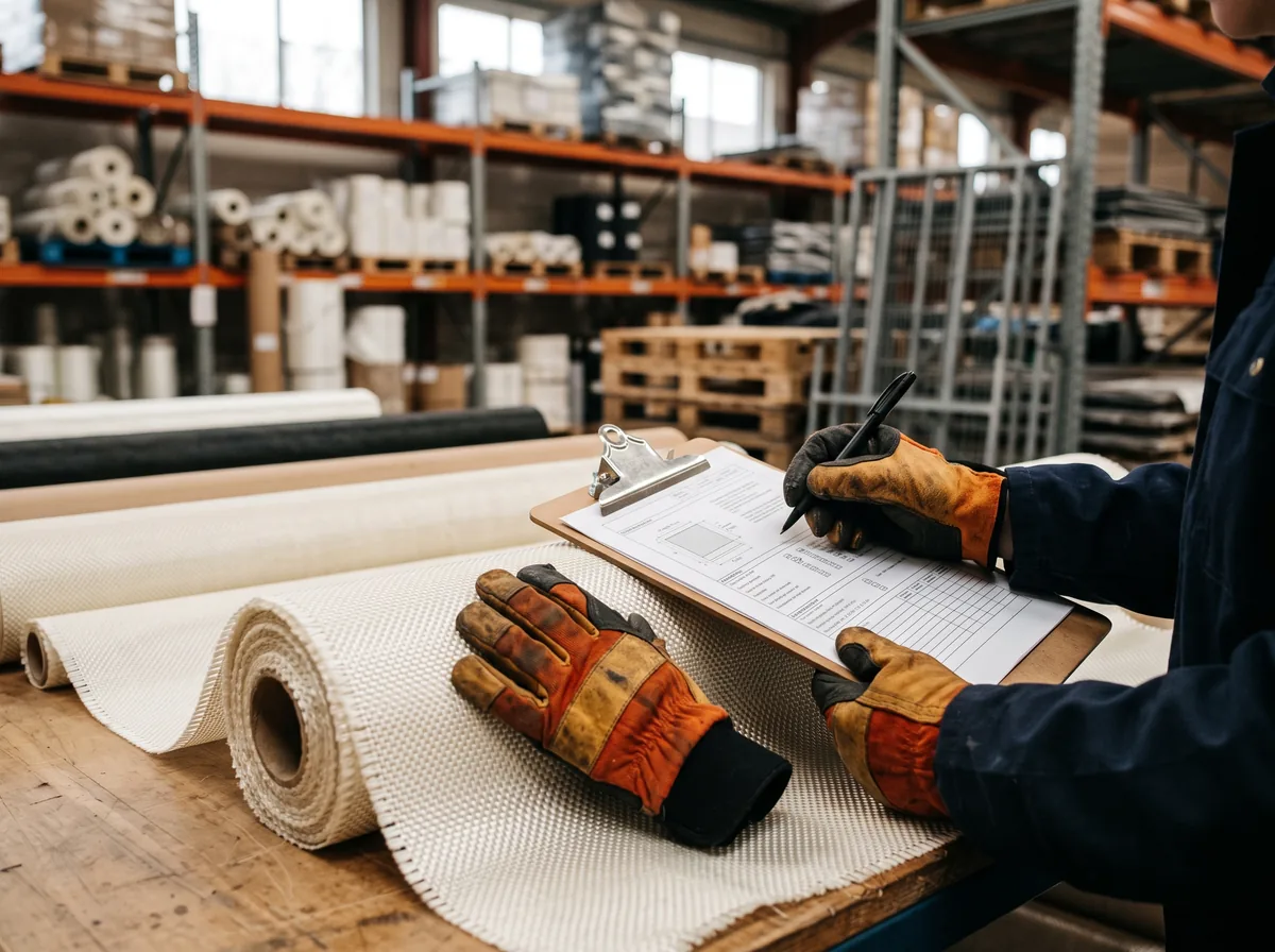 Gloved hands checking a roll of woven fiberglass cloth against a spec sheet during receiving