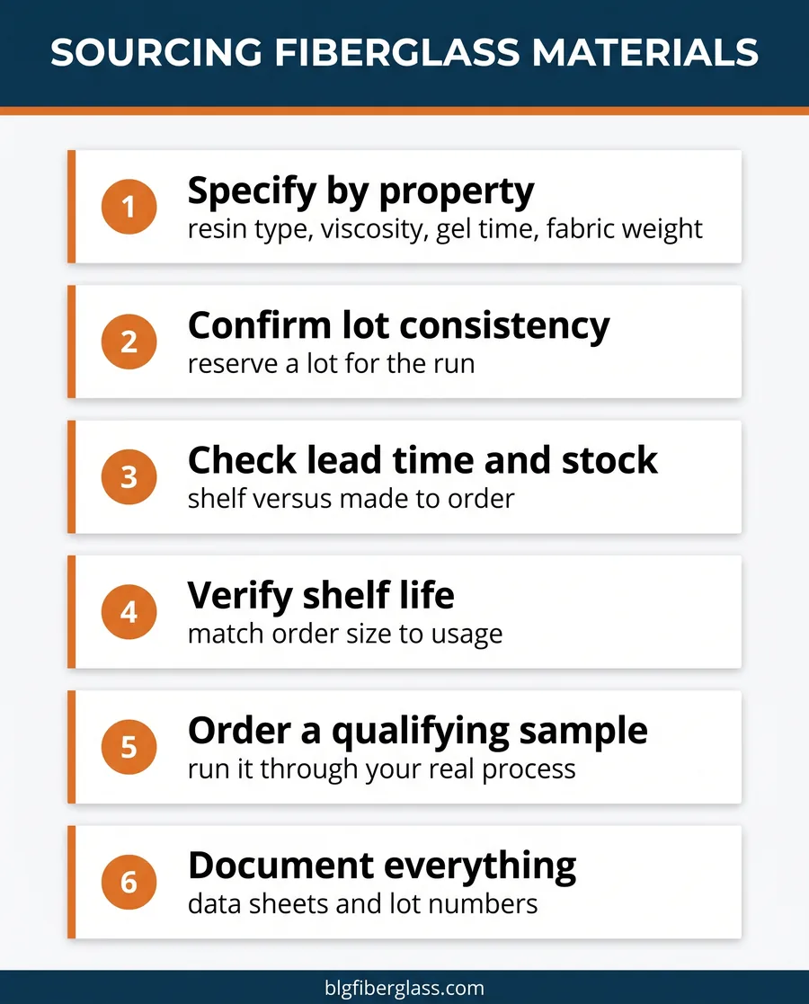 Six-step card infographic for sourcing fiberglass materials from a supply company