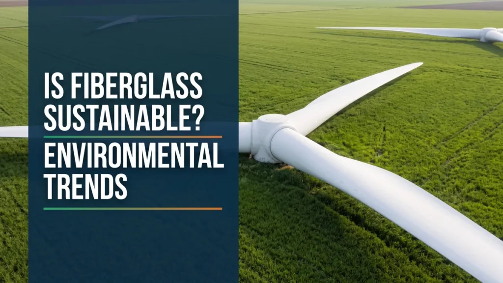 Wind turbine blades in a field for a guide on fiberglass sustainability and environmental trends