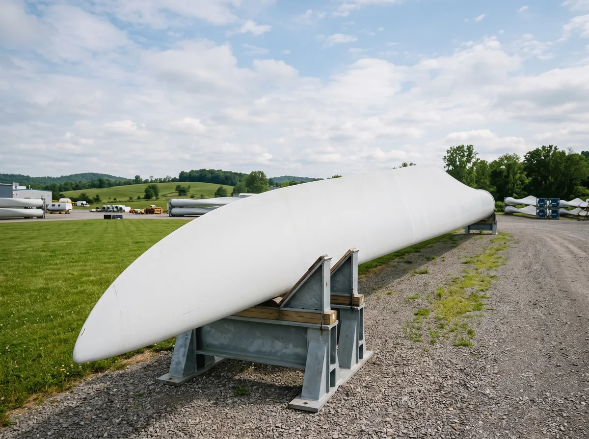 A large white composite wind turbine blade section, showing fiberglass in clean energy applications