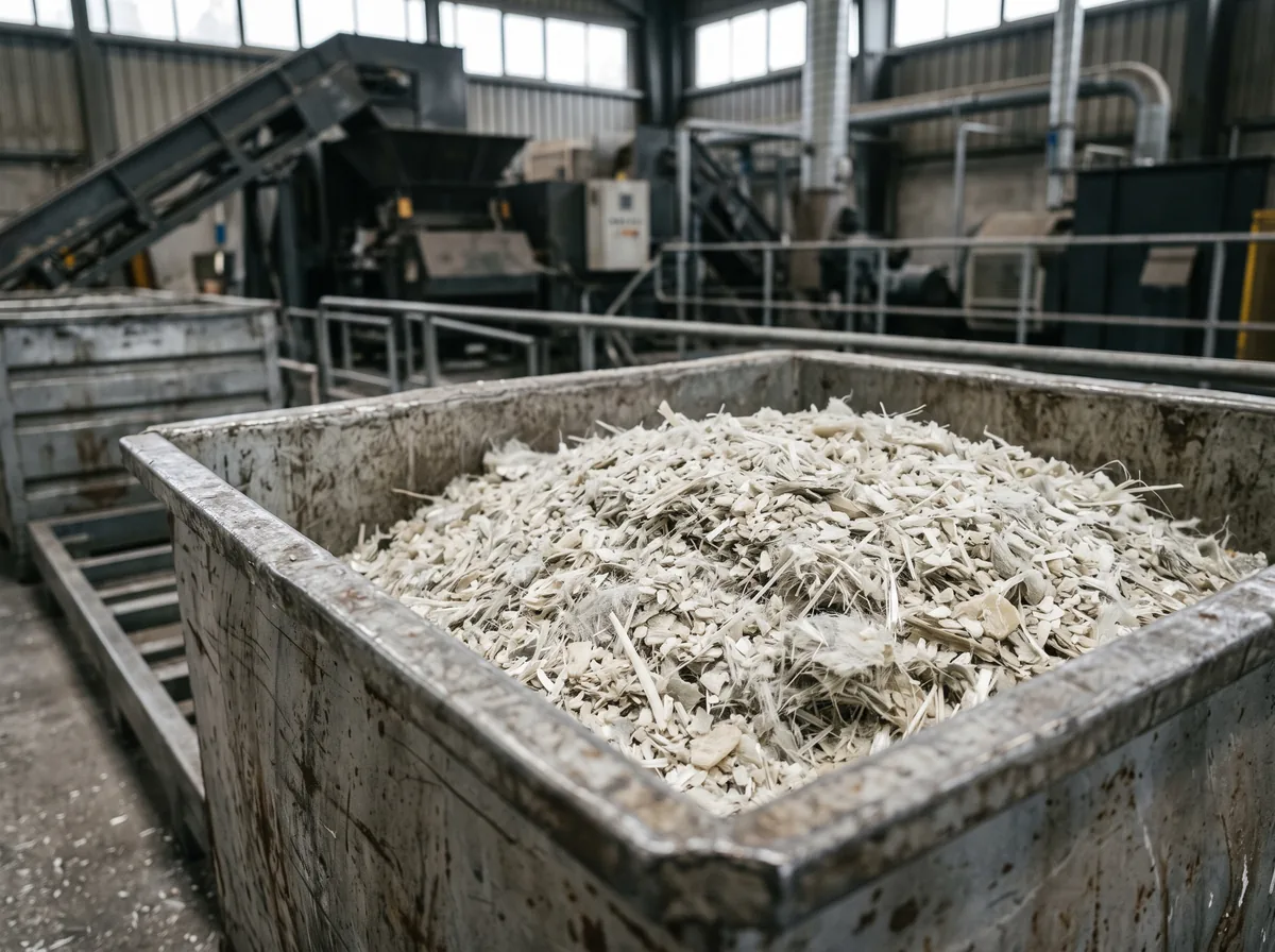 Ground fiberglass composite granules in a bin, illustrating mechanical recycling of composites