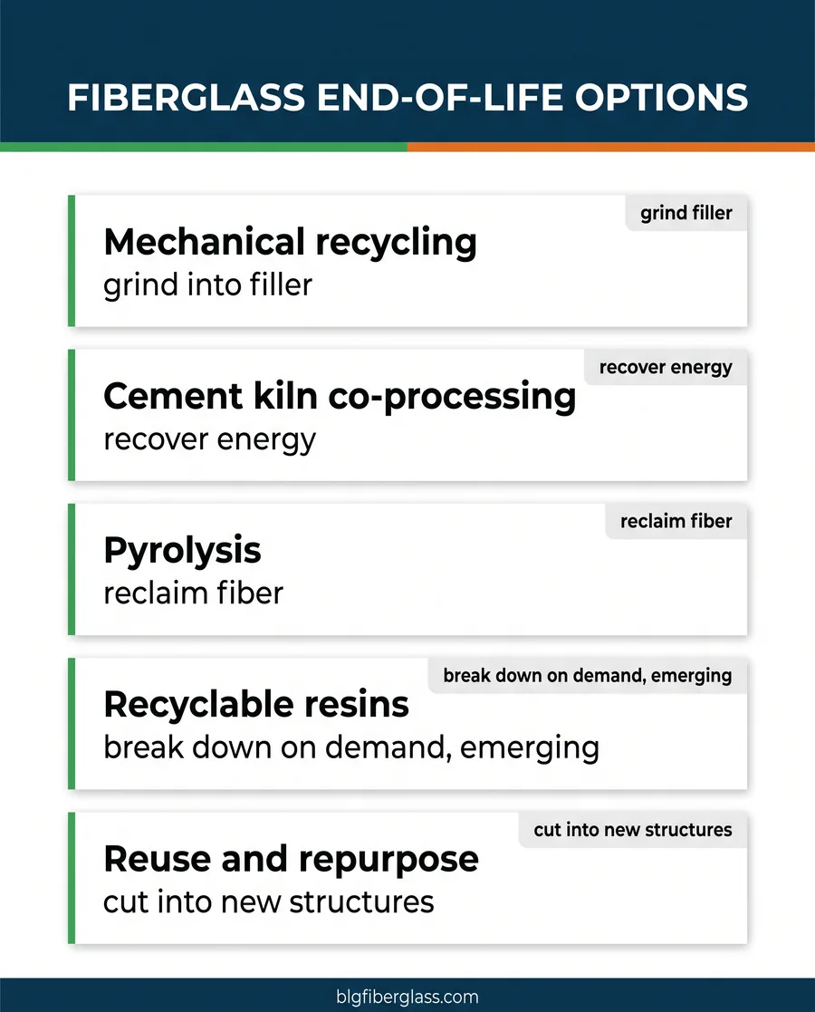 Card infographic of fiberglass end-of-life options for improving composite sustainability