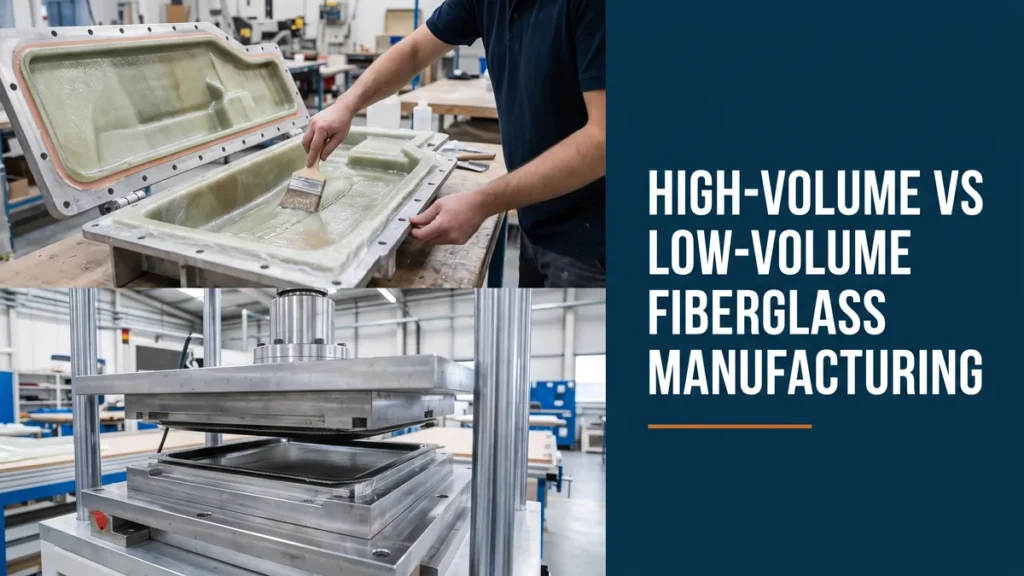 Split banner of open-mold and compression molding for high vs low volume fiberglass manufacturing
