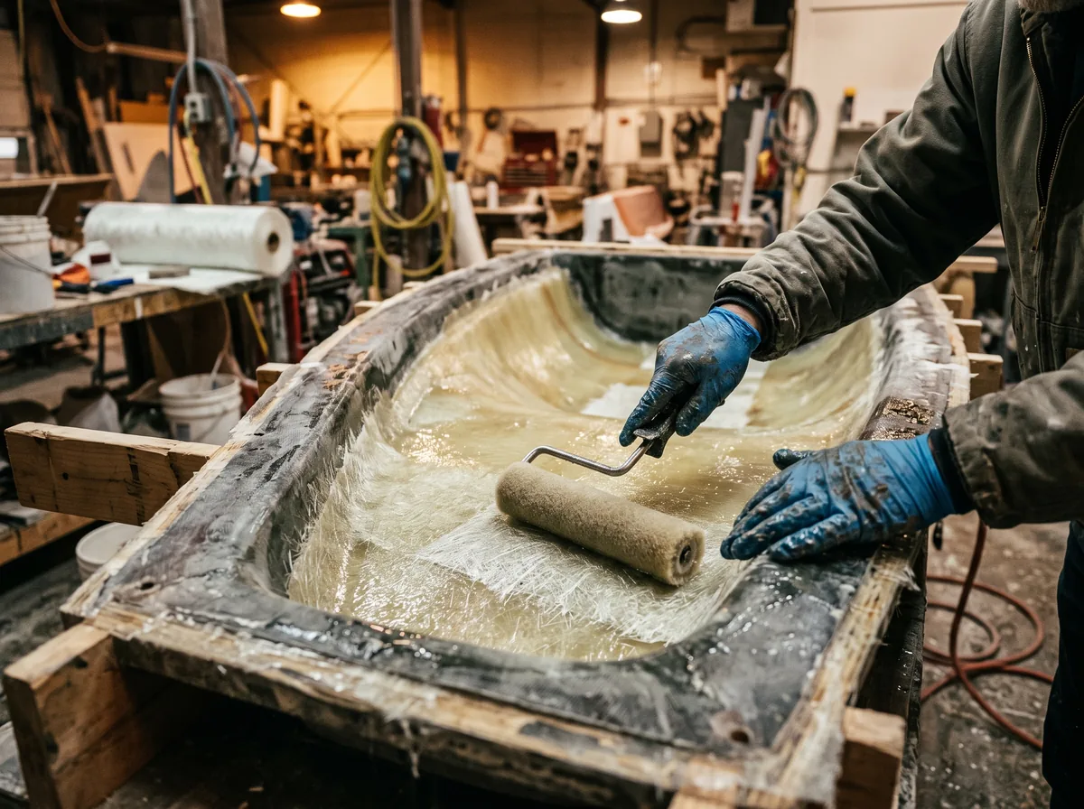 Hands hand-laminating a large fiberglass part in an open mold, typical of low-volume manufacturing