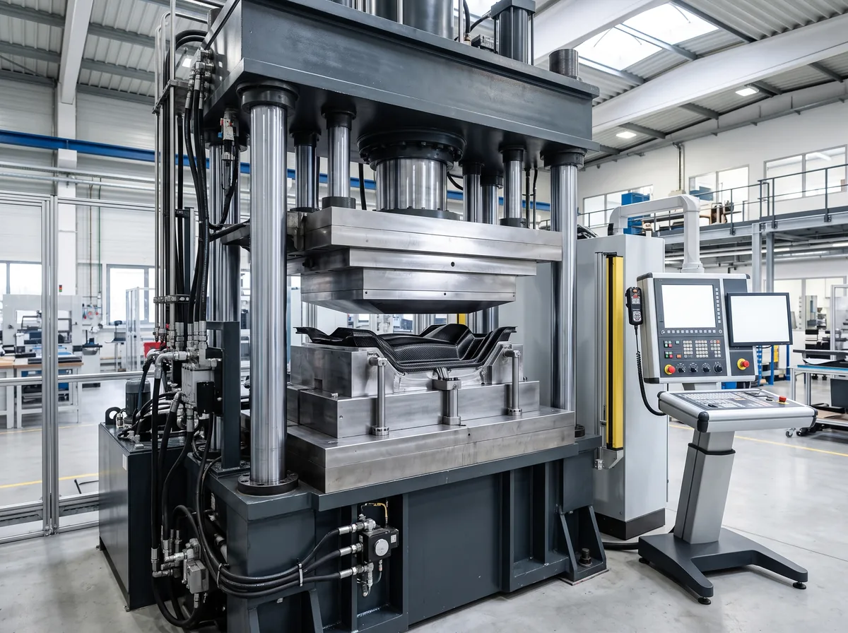 An industrial compression molding press with metal tooling, used for high-volume fiberglass parts